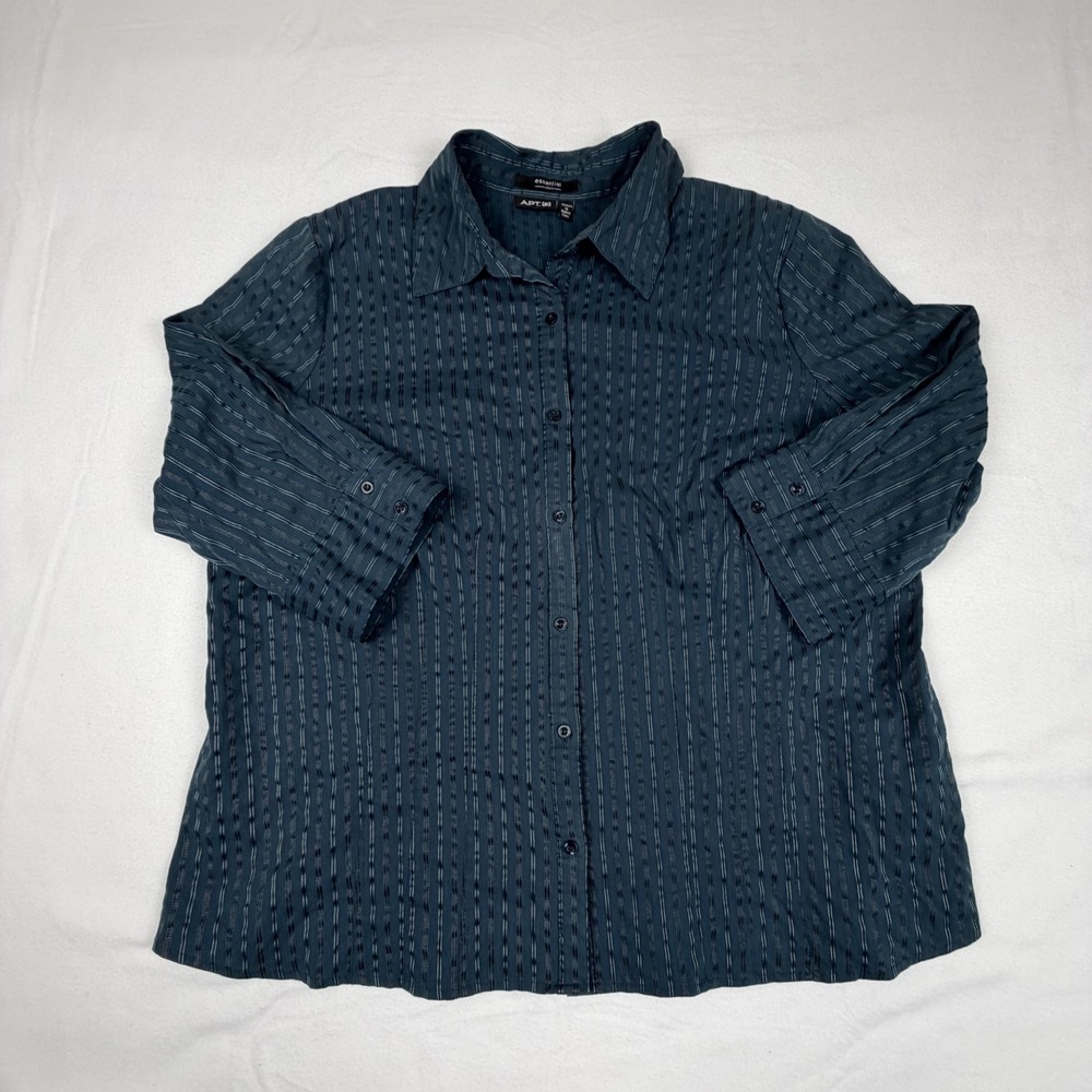 Apt. 9 Womens 1X Essential Button Down Shirt Teal Blue Striped 3/4 Sleeve Blouse